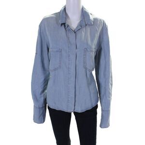 Gab kate Womens Denim Collared Long Sleeve Button Up Blouse Top Blue Size M